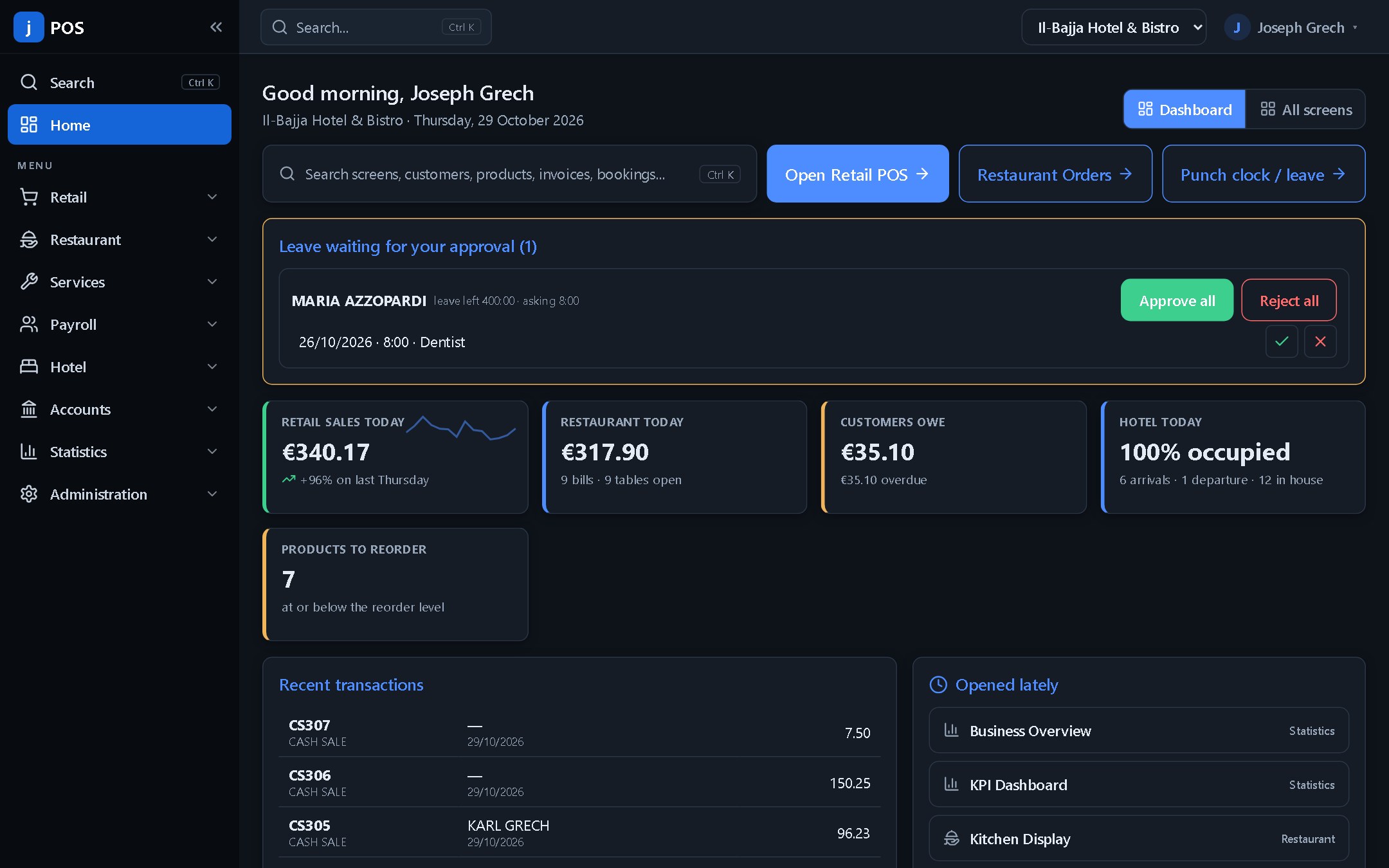 jPOS dashboard showing today's retail, restaurant and hotel figures
