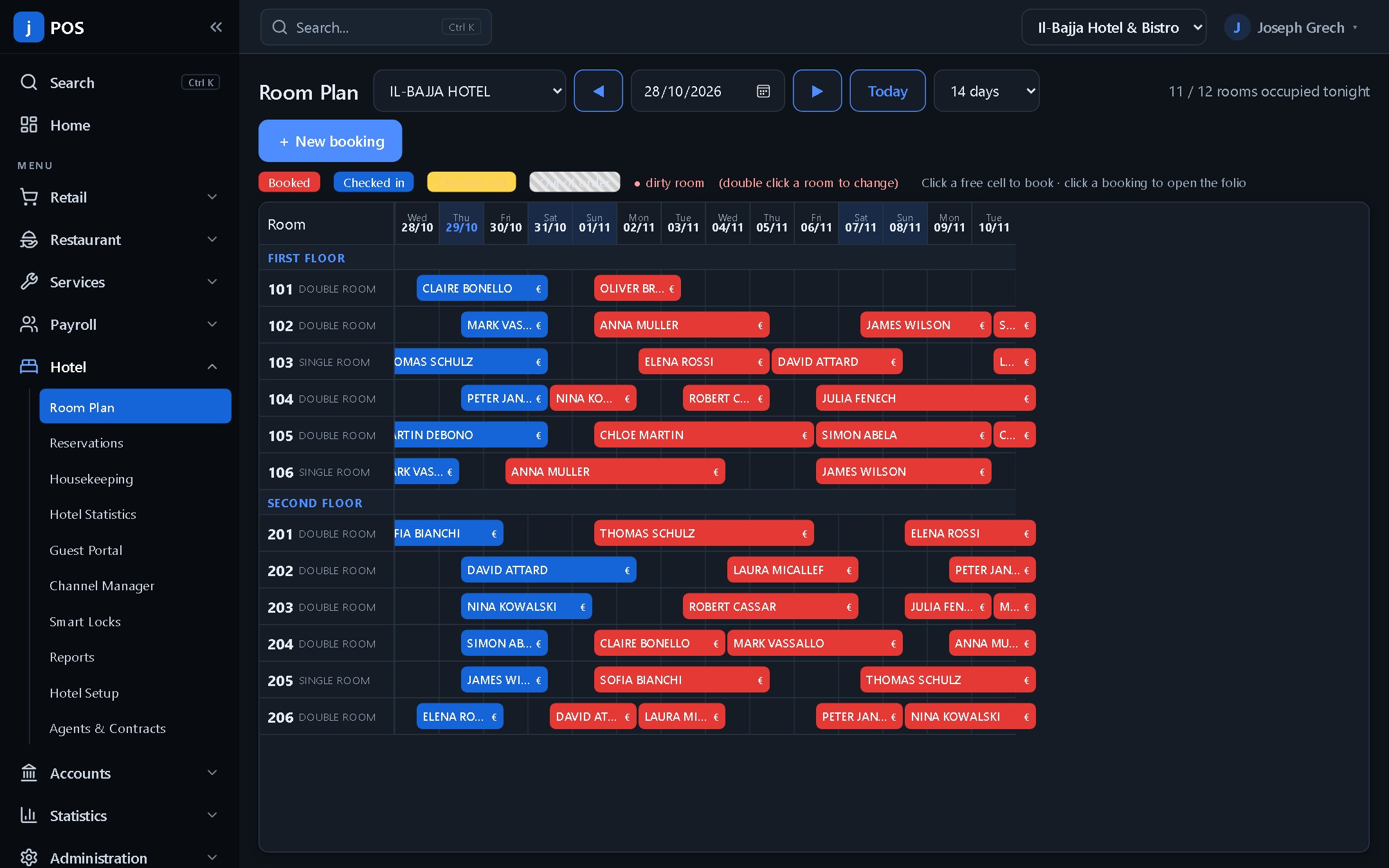 jPOS hotel room plan with bookings over two weeks